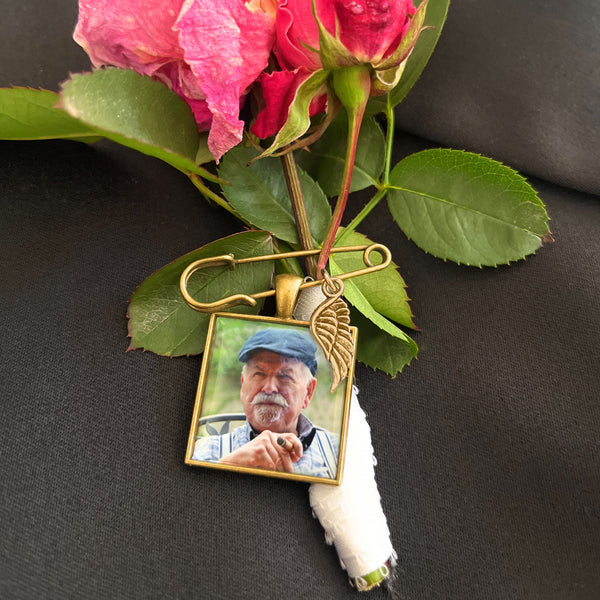 Boutonniere Photo Memorial Pin-Wedding Photo Memory Charm for Groom's Lapel-Loss of Loved One-Keepsake-Custom Photo Charm for Groom-Groomsman Gift