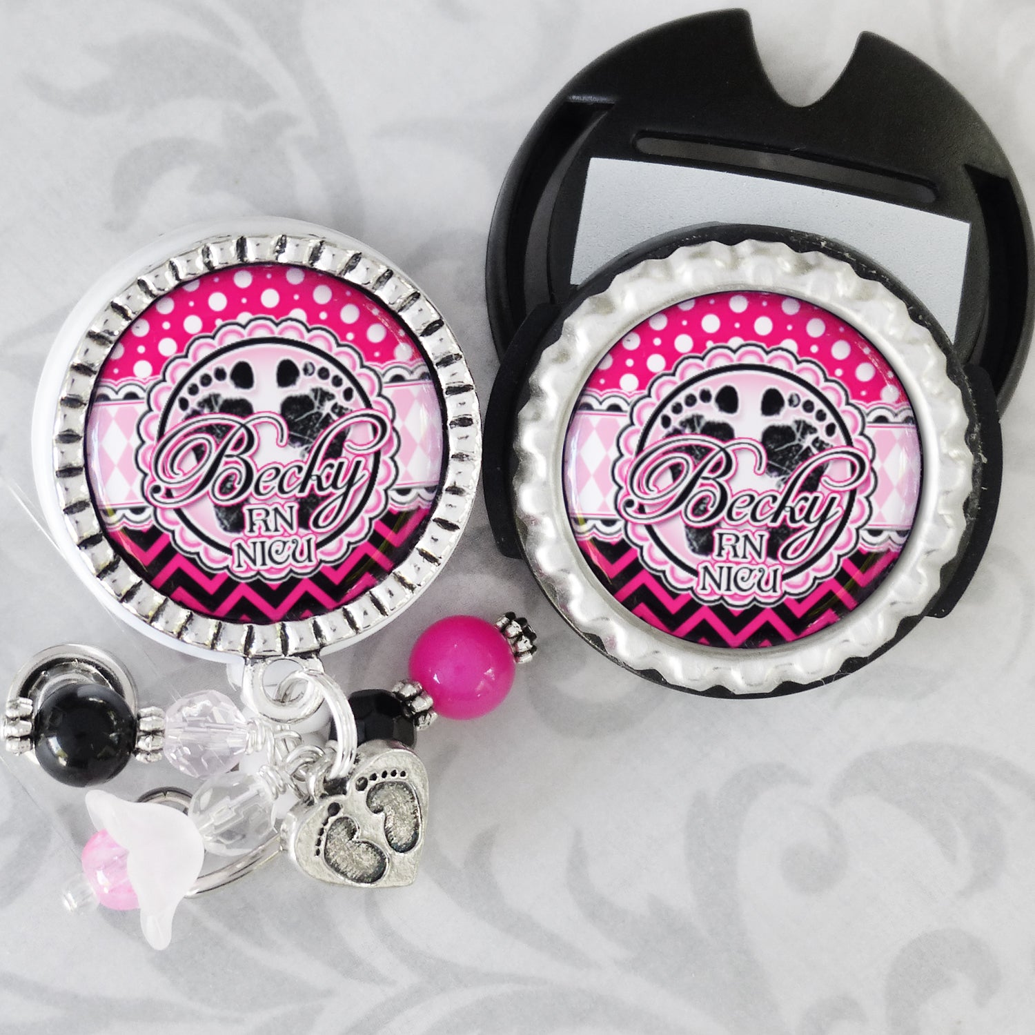 Personalized RN Badge Holder with matching Stethoscope name tag-OB-Postpartum-L&D-NICU, Baby Footprints, ID Badge Pull-Badge Reel, New Grad RN Gifts