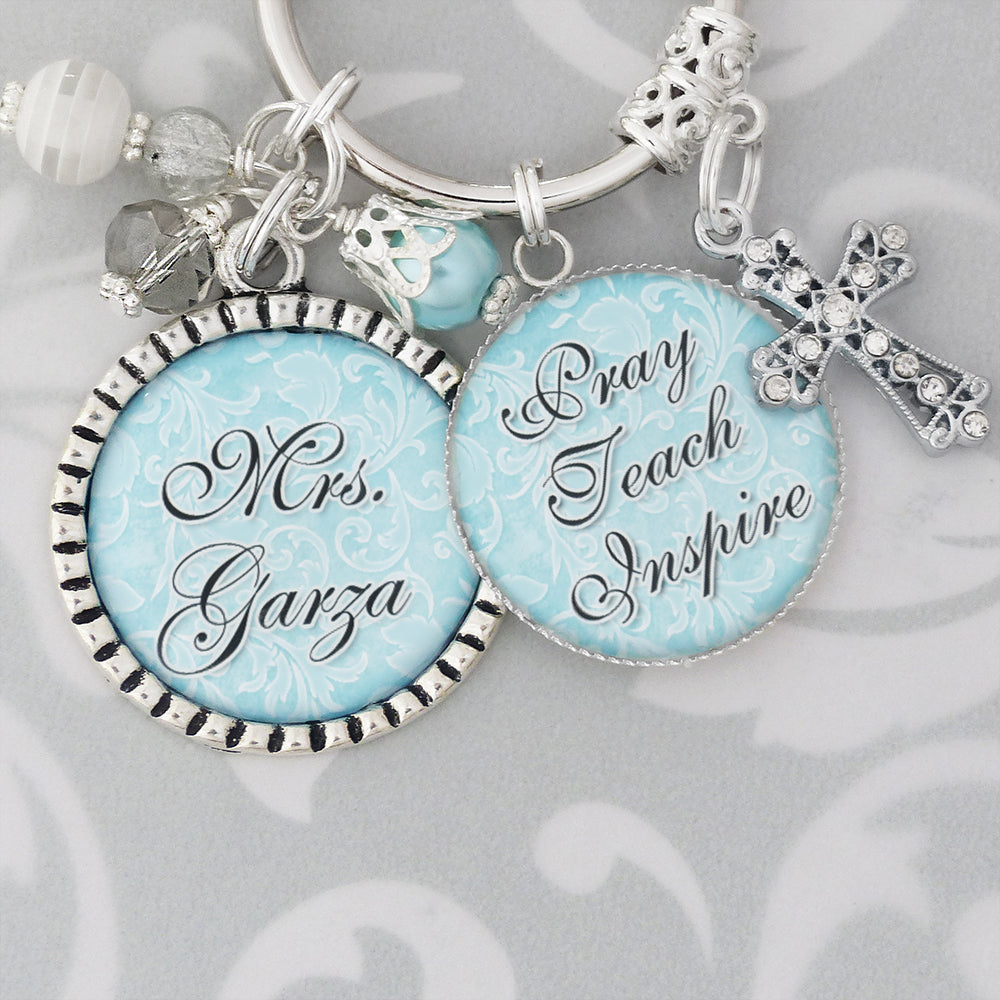 Personalized Teacher Gift- PRAY TEACH INSPIRE Keychain- Appreciation Gift,Sunday School Teacher Church,Christian School, Religious,Cross