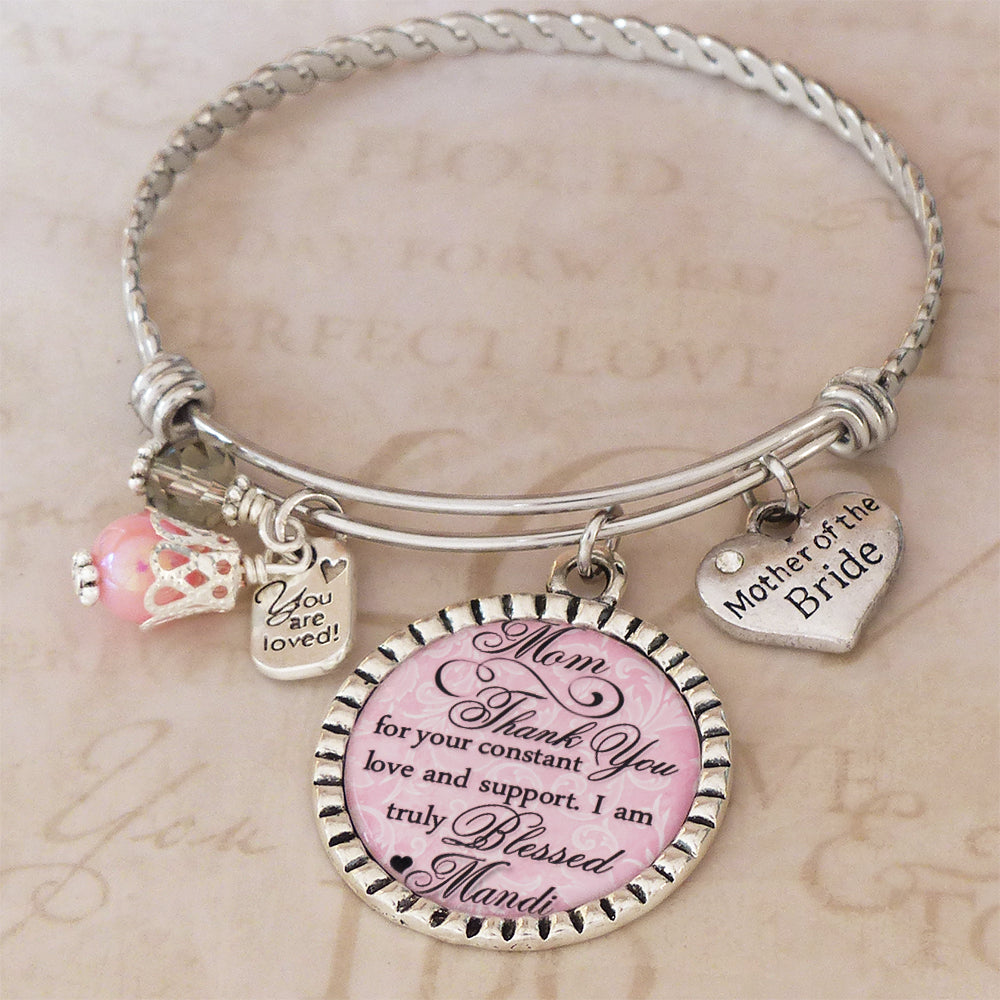 Mother of the Bride Bracelet - Personalized BANGLE Bracelet - Gift from Bride - Thank You Wedding Parents Gifts - Wedding Keepsake