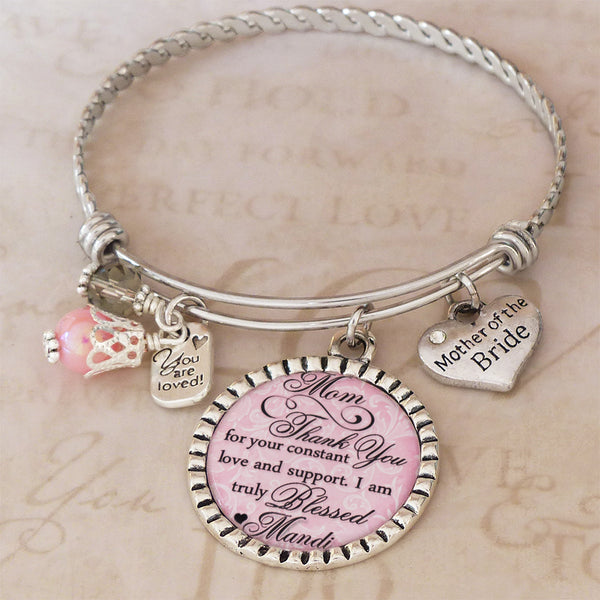 Mother of the Bride Bracelet - Personalized BANGLE Bracelet - Gift from Bride - Thank You Wedding Parents Gifts - Wedding Keepsake