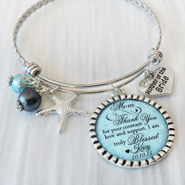 Personalized mother of the bride bangle bracelet pendant saying Mom thank you for your constant love and support I am truly blessed with name and date
