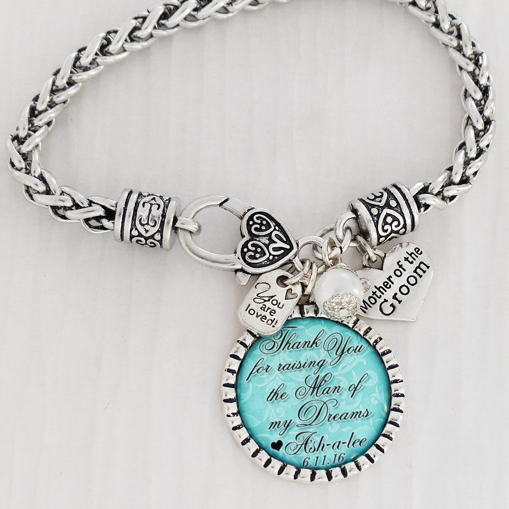 Mother of the Groom Gift, Personalized Wedding Bracelet, Thank you for raising the Man of my dreams, Date Jewelry, Wedding Gifts for Parents