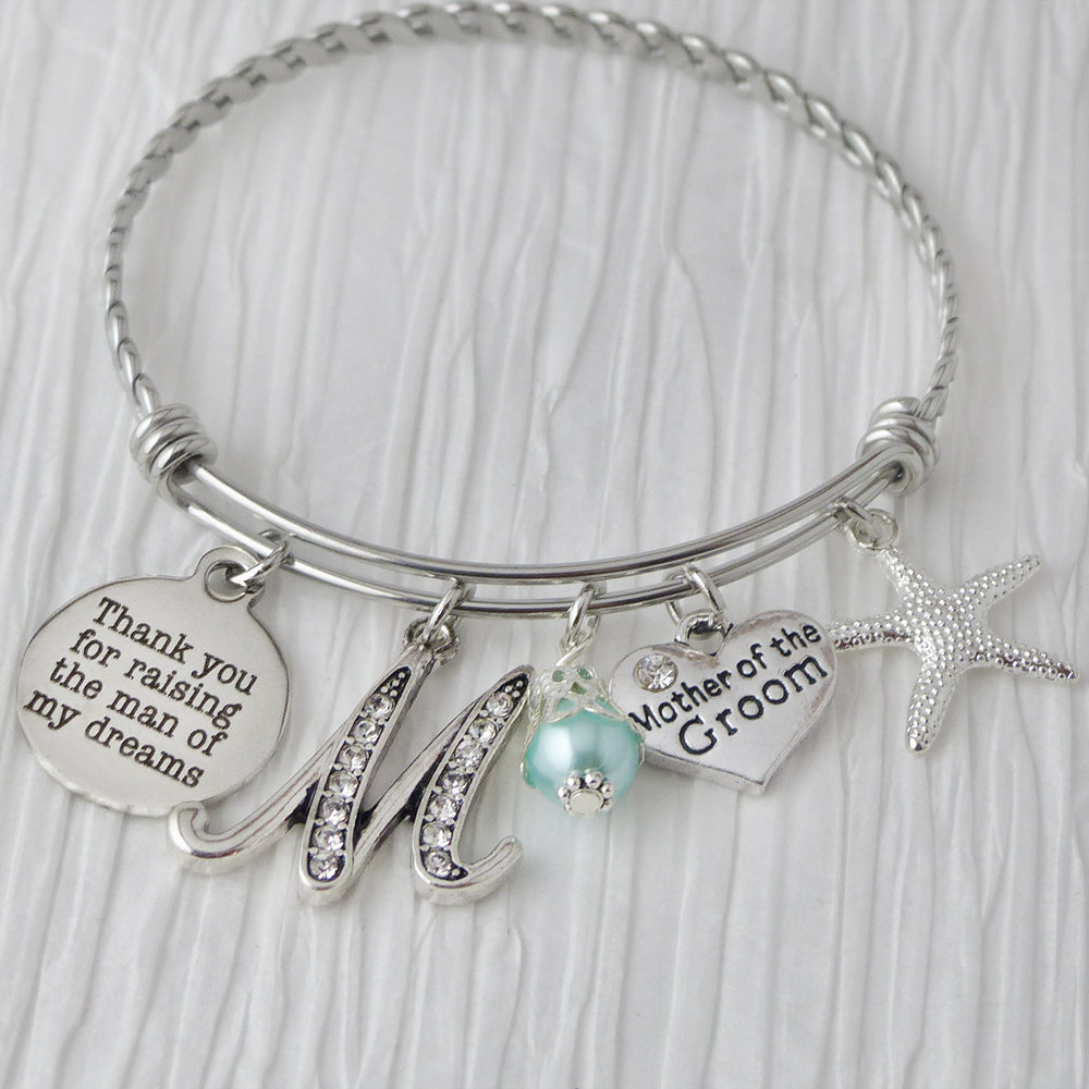 Mother of Groom Bracelet, Thank you for raising the man of my dreams, Starfish Wedding Jewelry, Expandable Bangle, Mother of Groom Gifts from Bride