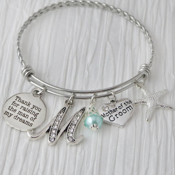 Mother of Groom Bracelet, Thank you for raising the man of my dreams, Starfish Wedding Jewelry, Expandable Bangle, Mother of Groom Gifts from Bride