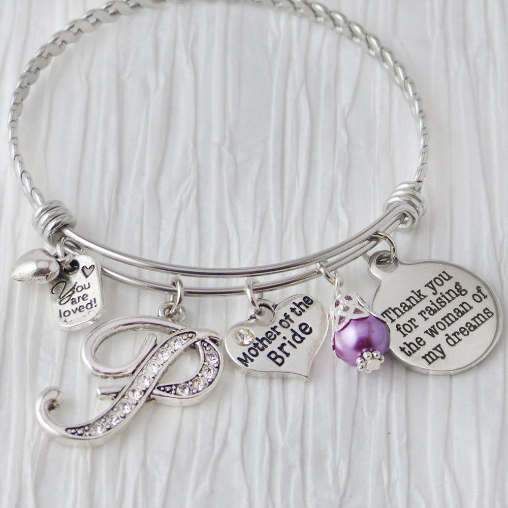 Mother of the Bride Bracelet from Groom, Thank you for raising the woman of my dreams, Initial Bridal Jewelry, Expandable Bangle