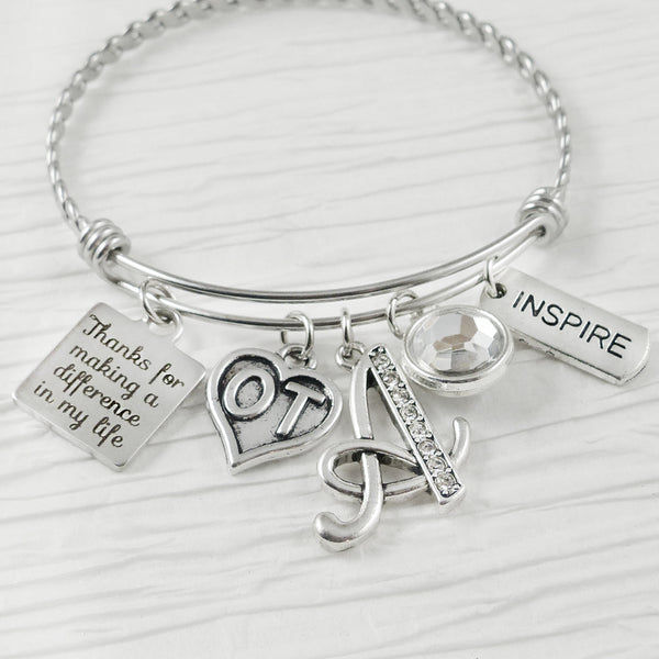 OT GIFTS , Thank you Bracelet, Occupational Therapy Gifts, Letter Bangle Bracelet-Jewelry, Occupational Therapist- Inspire, Therapist Gift
