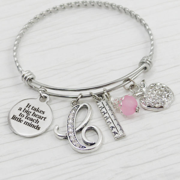 Personalized Teacher Jewelry, Bangle Bracelet- Teacher Appreciation Gift-It takes a big heart to teach little minds