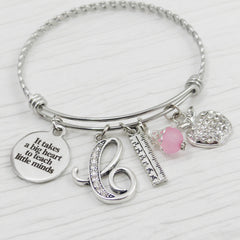 Personalized Teacher Jewelry, Bangle Bracelet- Teacher Appreciation Gift-It takes a big heart to teach little minds