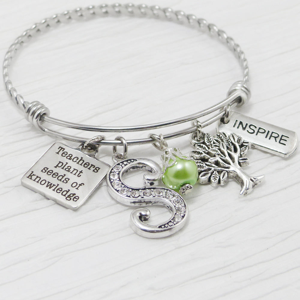 Teacher Jewelry, Bangle Bracelet- Teacher Appreciation Gift-Teachers Plant Seeds of Knowledge, Tree charm, Inspire, Charm Bracelet