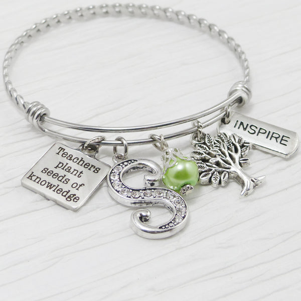 Teacher Jewelry, Bangle Bracelet- Teacher Appreciation Gift-Teachers Plant Seeds of Knowledge, Tree charm, Inspire, Charm Bracelet