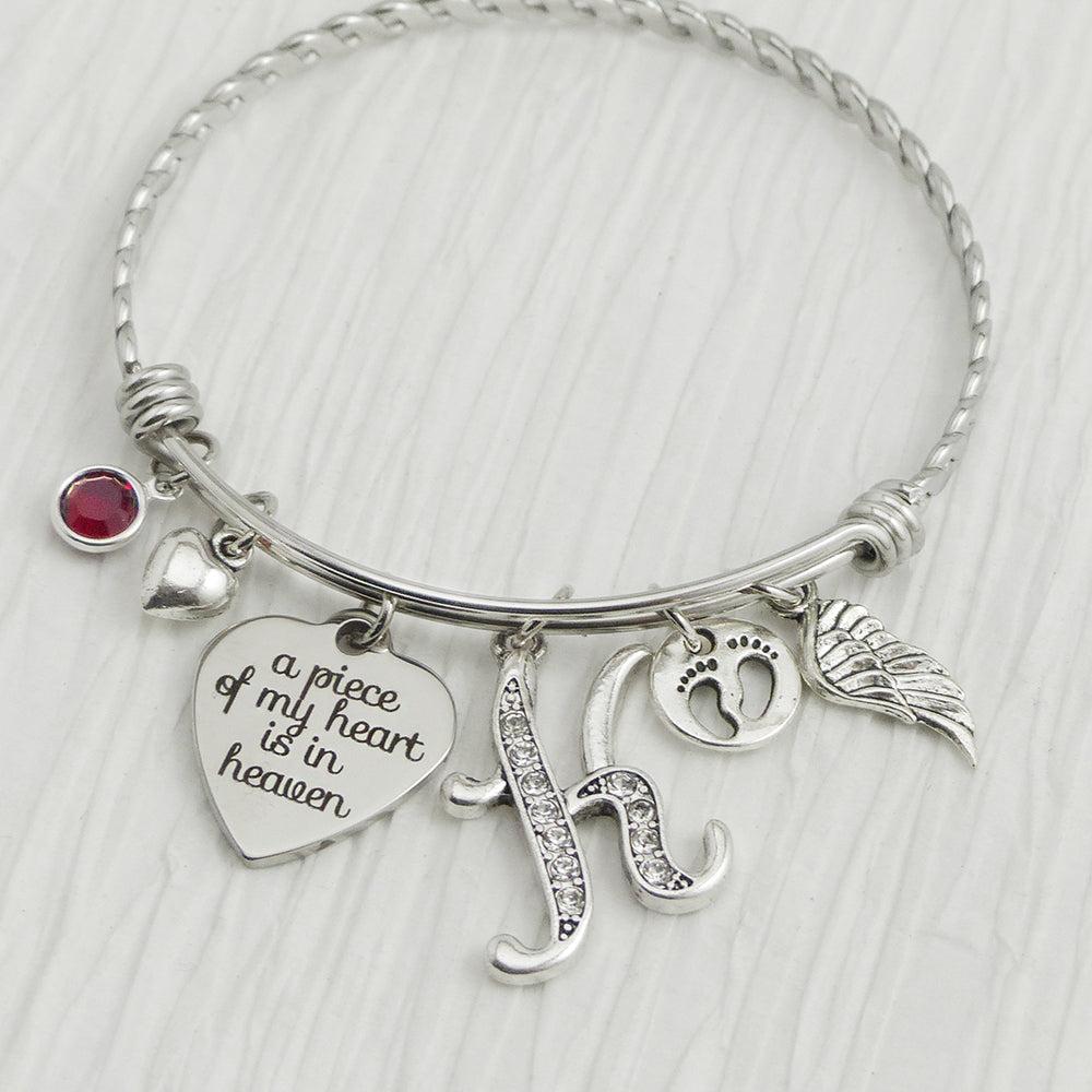 Loss of a child Jewelry, A piece of my heart is in heaven Bangle Bracelet, Birthstone, Footprints