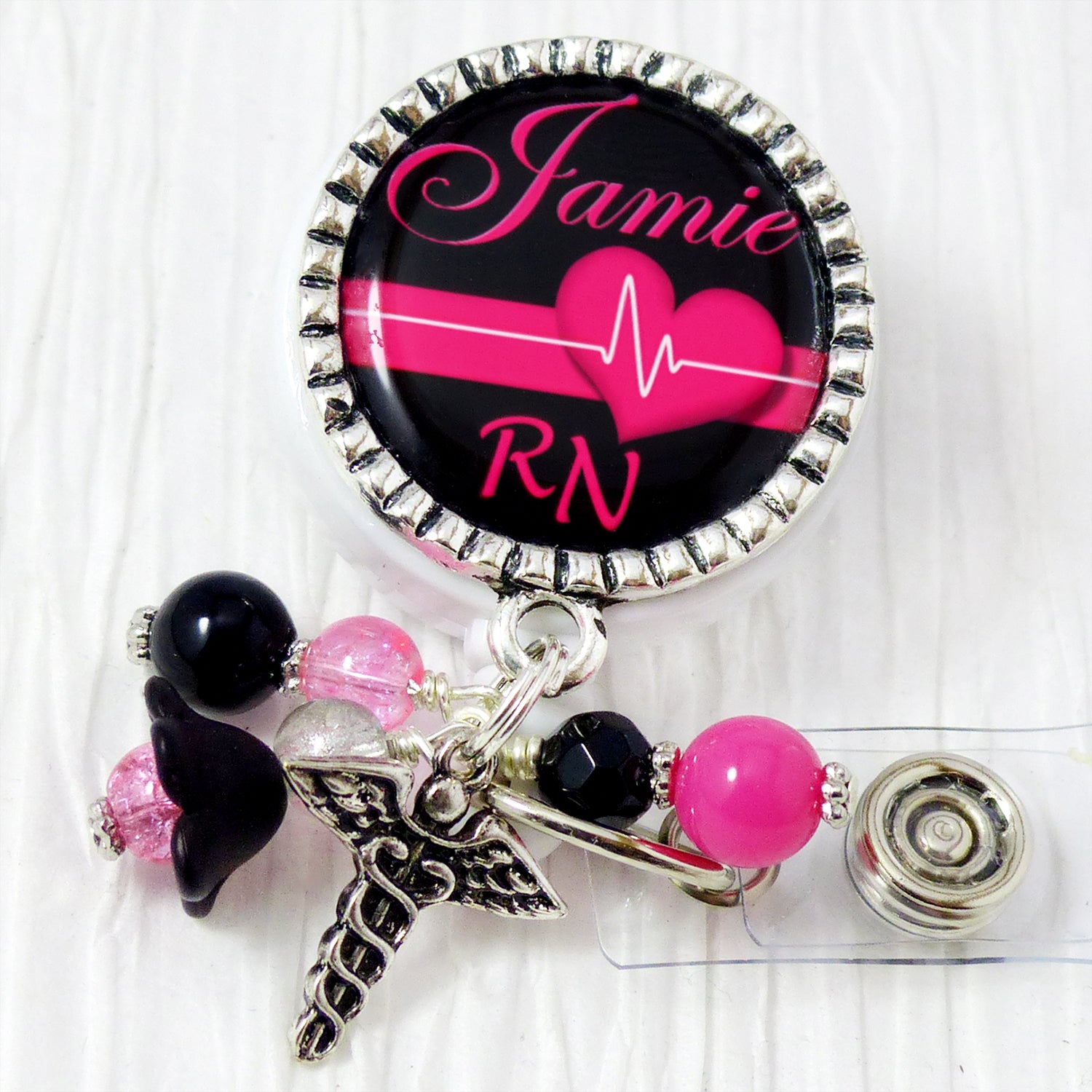 Cardiac RN Badge Holder with Rhythm Strip, Personalized ID Badges for Nurses, NP, BSN, CNA, Retractable Holder with Name and Title