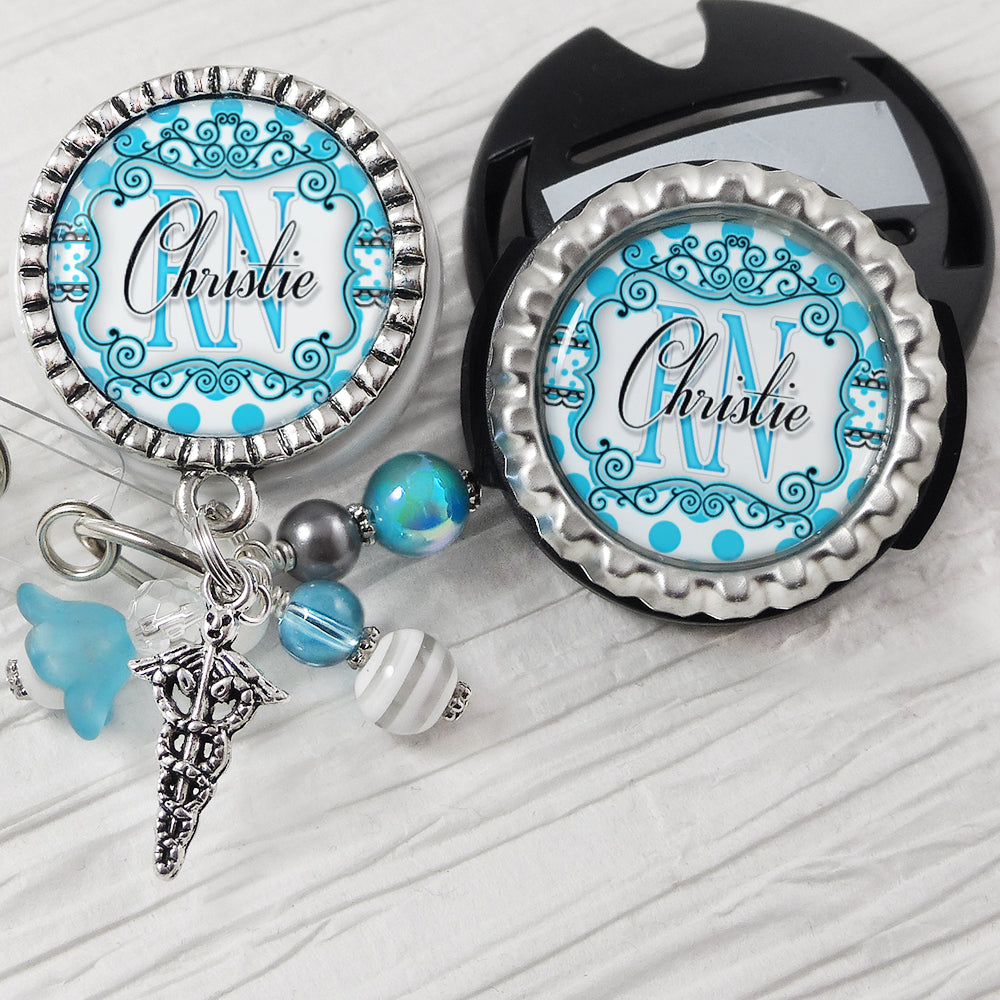 RN Badge Reel with matching Stethoscope Name Tag Set, Personalized ID Badges for Nurses, NP, BSN, CNA, Retractable Holder with Name and Title
