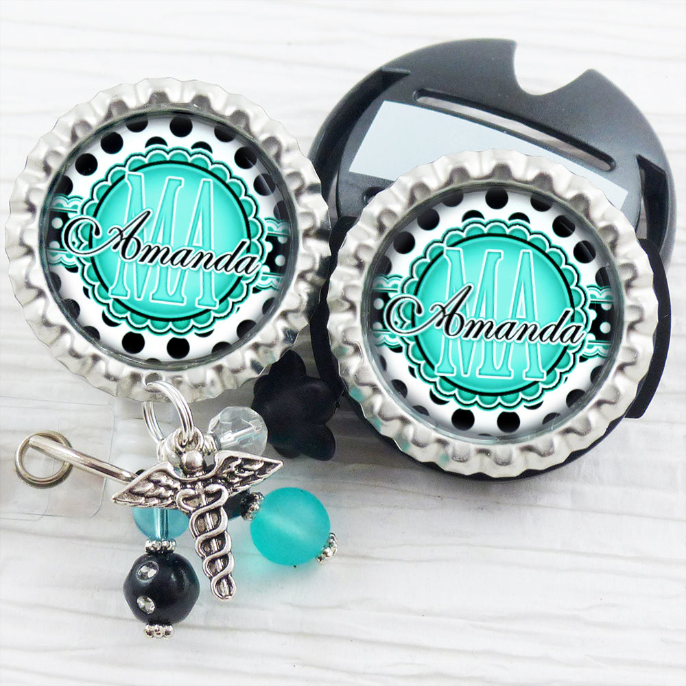 MA Badge Reel with matching Stethoscope Name Tag Set, Personalized ID Badges for Nurses, Polka-dots, Retractable Holder with Name and Title