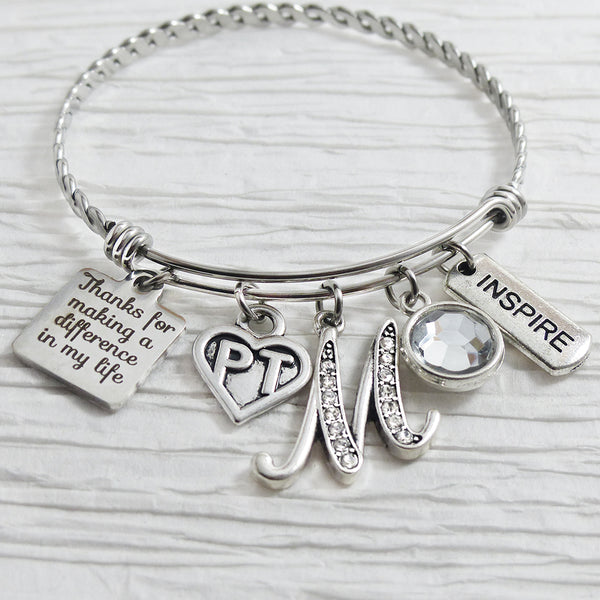 Personalized PT GIFTS , Therapist Thank you Bracelet, Physical Therapy Gifts, Letter Bangle Bracelet, Physical Therapist- Inspire, Therapist Gift