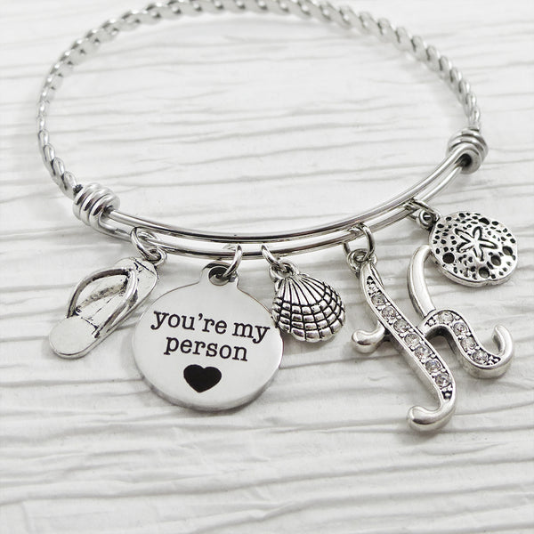 You're my person bracelet, Personalized bangle bracelet, Flip flop, seashell, sand dollar