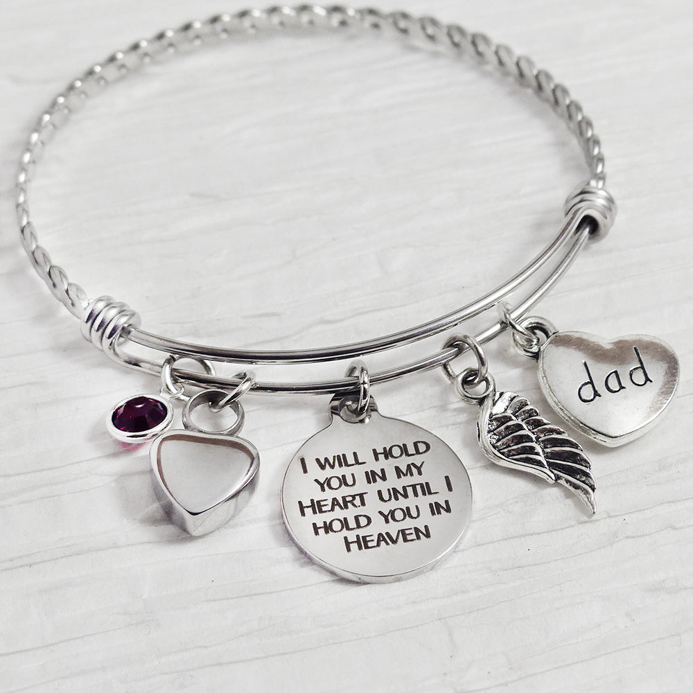 URN BRACELET, Cremation Bracelet- Loss of Dad Bracelet, I will hold you in my heart, Wing charm