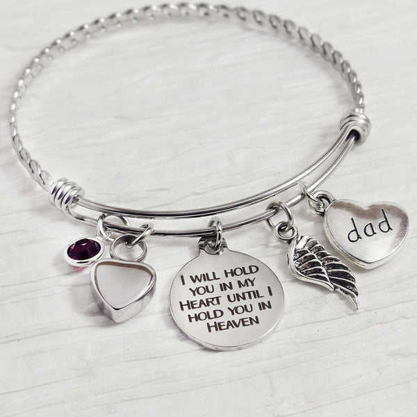 URN BRACELET, Cremation Bracelet- Loss of Dad Bracelet, I will hold you in my heart, Wing charm