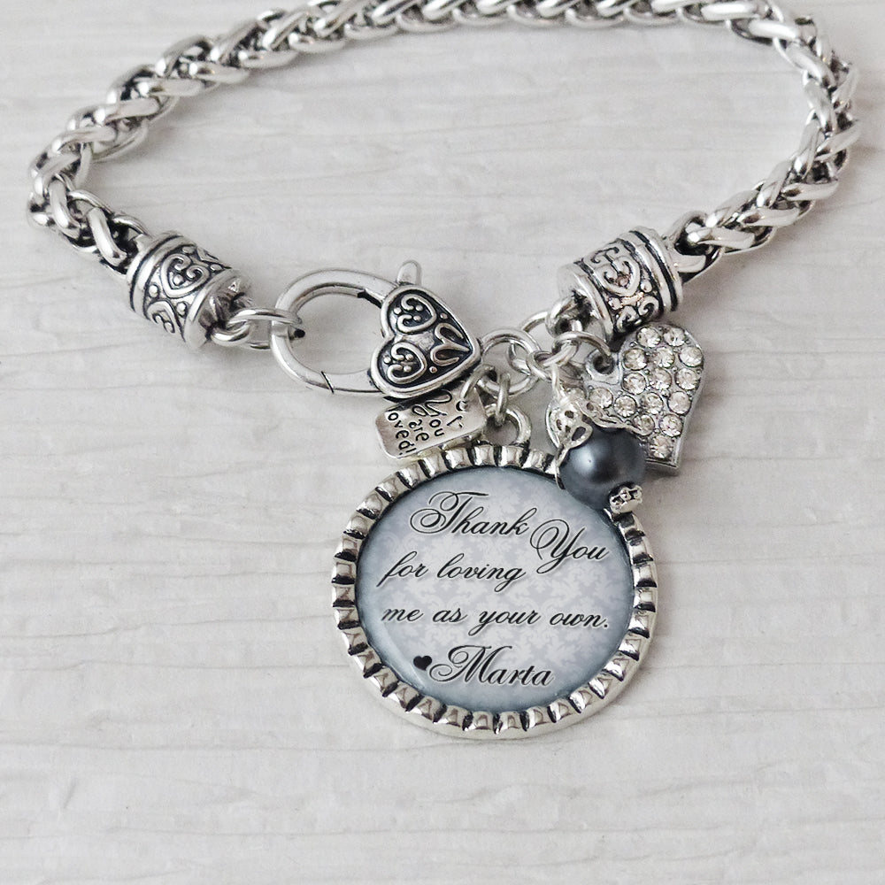 Stepmom Gift, Thank you for loving me as your own, Personalized Wedding Bracelet, Step Mom Wedding Gift, Name Jewelry, Grey, Heart