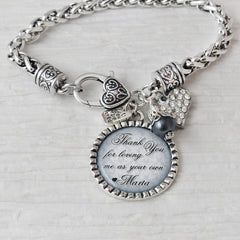 Stepmom Gift, Thank you for loving me as your own, Personalized Wedding Bracelet, Step Mom Wedding Gift, Name Jewelry, Grey, Heart