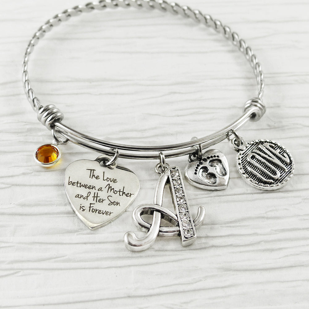 New Mom Gift- Gifts for Mom from SON- Birthstone Bracelet, Personalized Bangle Bracelet-The love between mother and son is forever, Love