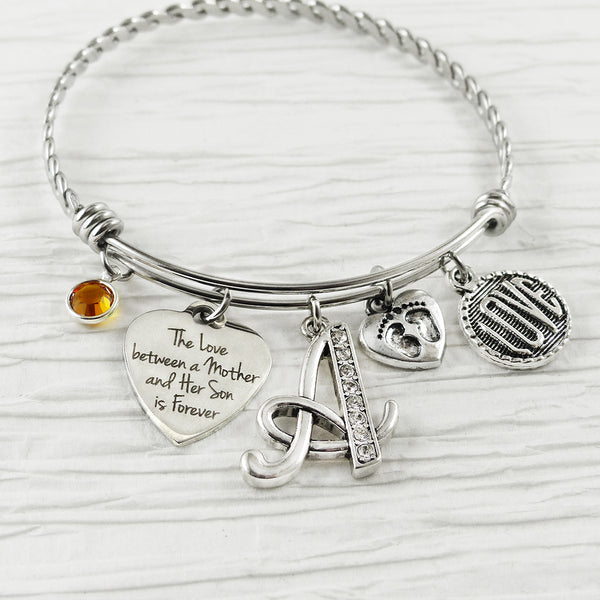 New Mom Gift- Gifts for Mom from SON- Birthstone Bracelet, Personalized Bangle Bracelet-The love between mother and son is forever, Love