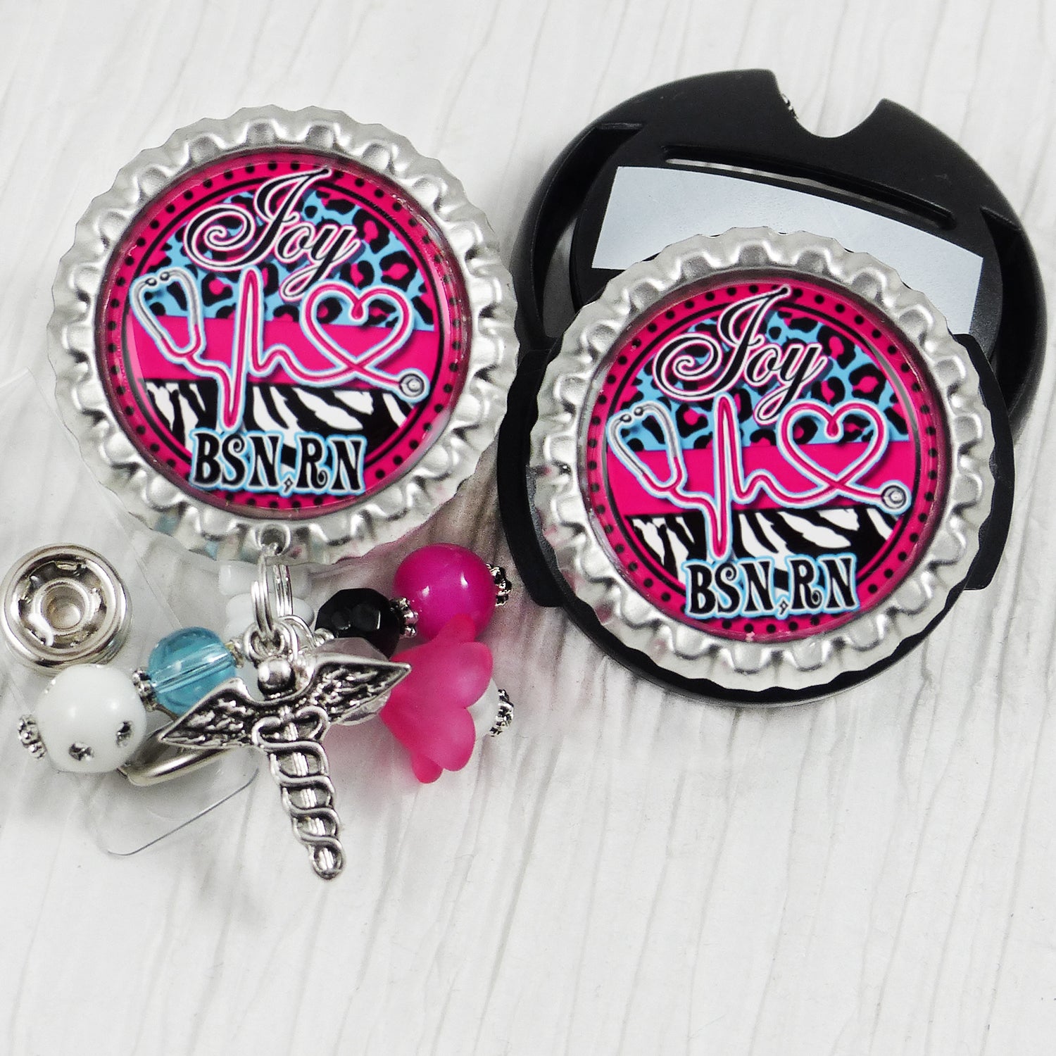 RN Stethoscope Cardiac Badge Reel with matching Stethoscope ID name tag, Personalized Badges Nurses