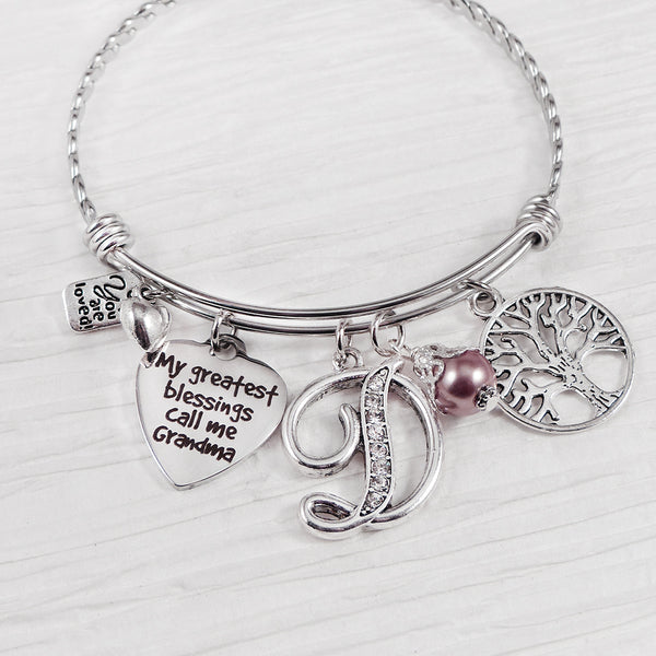 My greatest Blessings call me GRANDMA BRACELET, Family Tree Charm-Bangle Bracelet-Mother's Day Jewelry