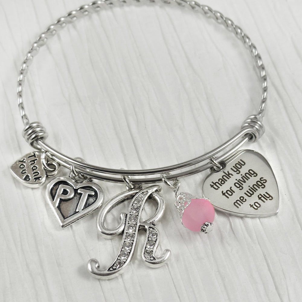 PT GIFTS, Thank you gift, Physical Therapy Gifts, Letter Bangle Bracelet- Wings to Fly, Physical Therapist, Therapist Gift, Charm Bracelet