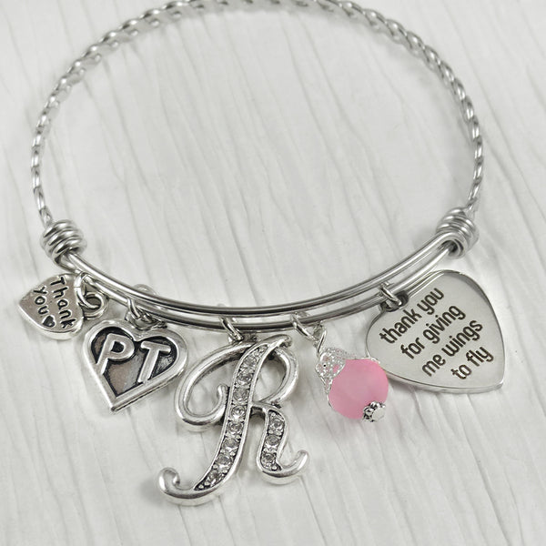 PT GIFTS, Thank you gift, Physical Therapy Gifts, Letter Bangle Bracelet- Wings to Fly, Physical Therapist, Therapist Gift, Charm Bracelet