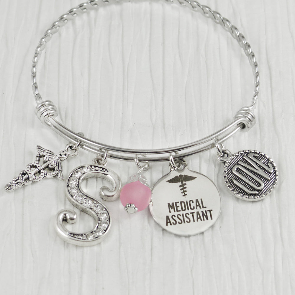 Medical Assistant Gifts,  JEWELRY, Personalized Initial charm Bangle Bracelet, MA Gifts, Medical,-Jewelry, College Grad Gifts,Graduation