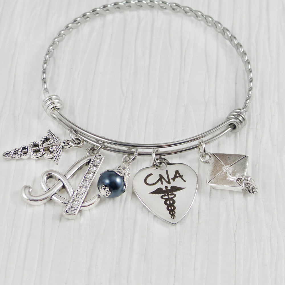 CNA Graduation Gift, Graduation Jewelry, Personalized Initial charm Bangle Bracelet, College Graduation Gifts, Grad Gifts