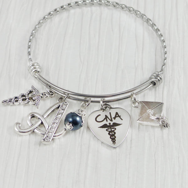 CNA Graduation Gift, Graduation Jewelry, Personalized Initial charm Bangle Bracelet, College Graduation Gifts, Grad Gifts