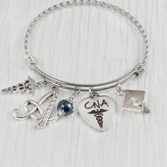 CNA Graduation Gift, Graduation Jewelry, Personalized Initial charm Bangle Bracelet, College Graduation Gifts, Grad Gifts