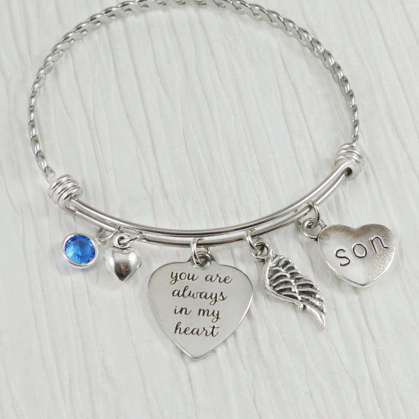 Memorial Jewelry, Son Remembrance Bracelet, You are always in my heart Jewelry, Wing Charm, Birthstone Jewelry