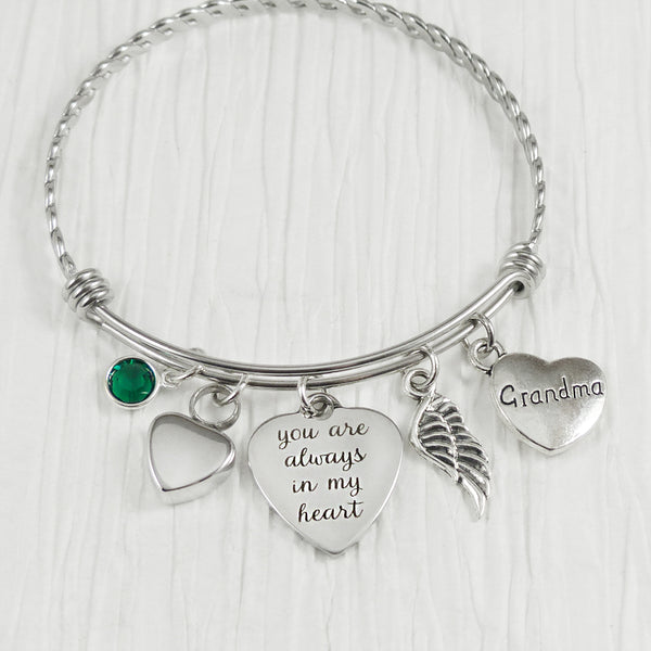 URN BRACELET, Cremation Bangle Bracelet- Loss of Grandma Bracelet, You are always in my heart, Wing, Bereavement