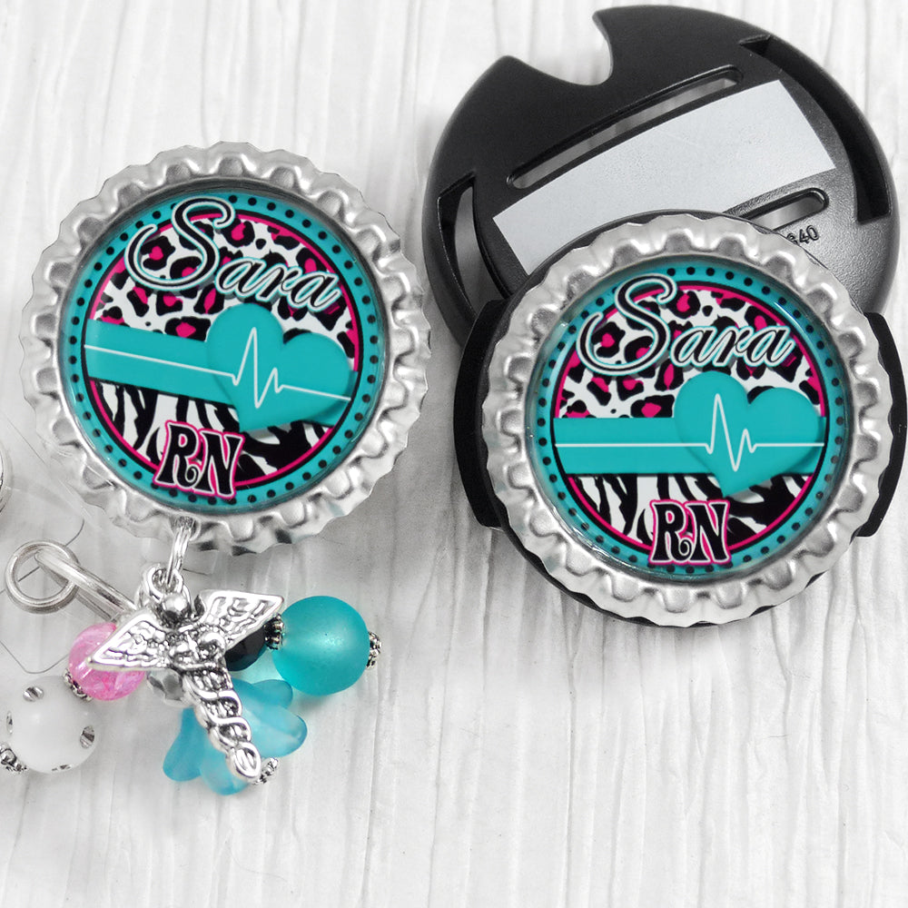 Cardiac RN Badge Holder with matching Stethoscope Name Tag Set, Personalized ID Badges for Nurses, Rhythm Strip, EKG Tech, Telemetry Nurse