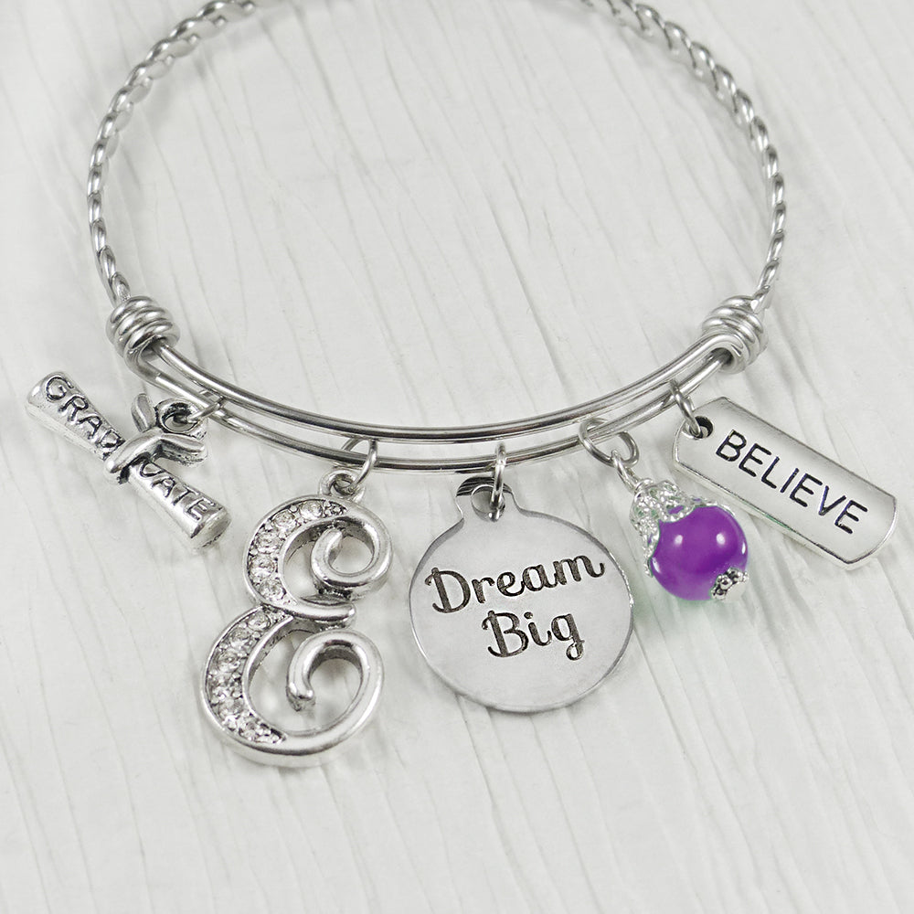 Graduation Bangle Bracelet, DREAM BIG, Personalized Charm Bracelet- Jewelry- High school Graduation Gift,College Grad Gift,Graduate, Grad