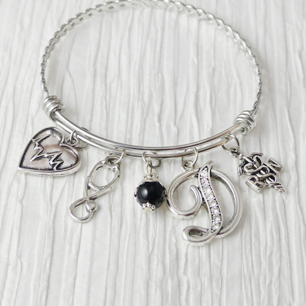 RN Graduation Gift, RN Graduate, Medical Theme Charm Bracelet,Stethoscope, Rn jewelry gifts, Bangle Bracelet-Jewelry,College Grad Gift,Nurse