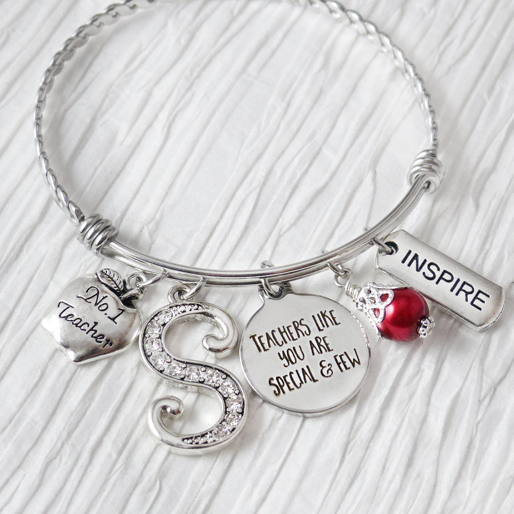 Personalized Teacher Jewelry, Bangle Bracelet- Teacher Appreciation Gift, Apple charm, Inspire,Charm Bracelet for Teachers