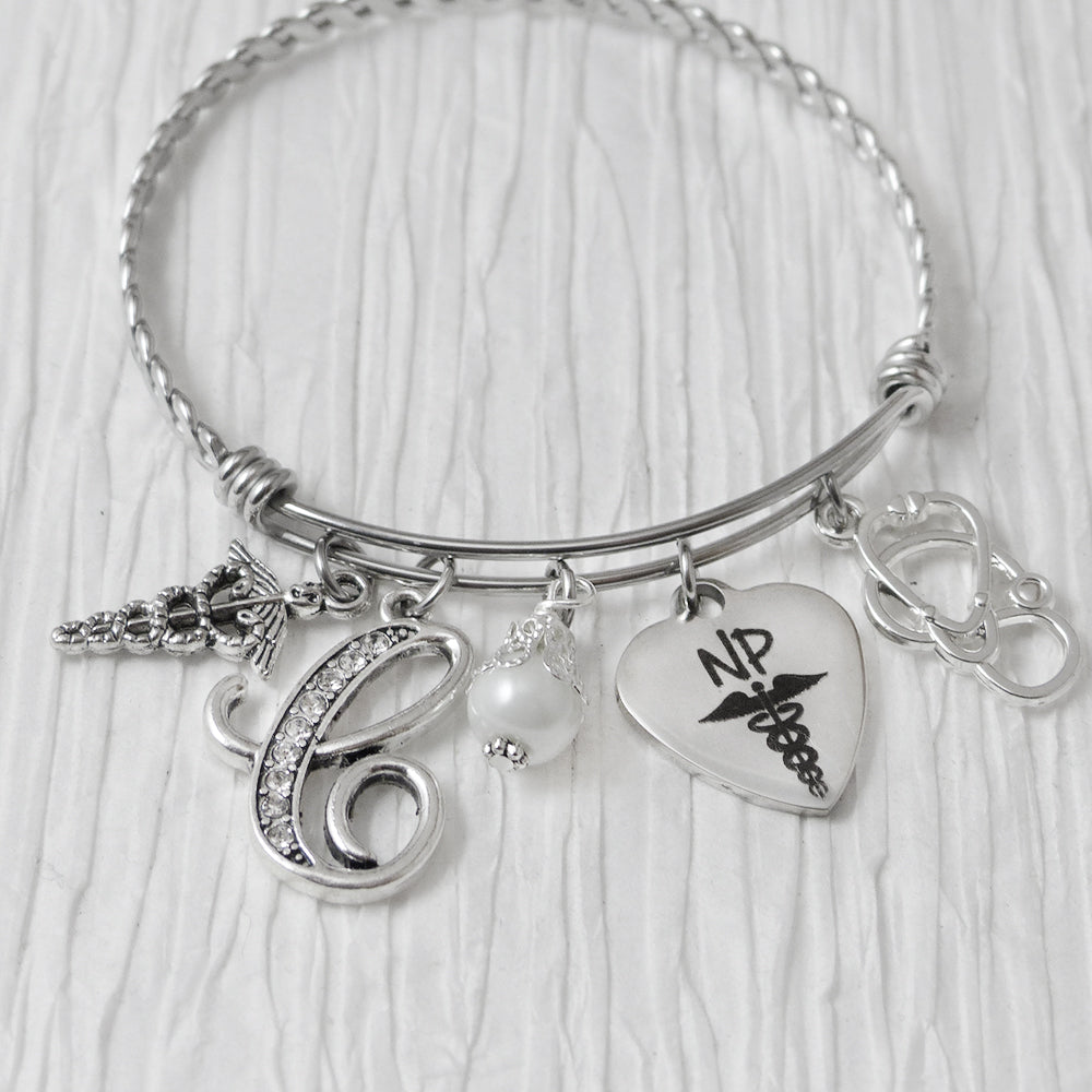 Nurse Practitioner Gifts, Medical Bracelet, Personalized Initial charm Bangle Bracelet, Graduation Gift