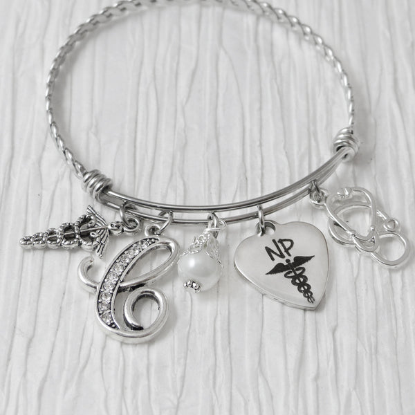 Nurse Practitioner Gifts, Medical Bracelet, Personalized Initial charm Bangle Bracelet, Graduation Gift
