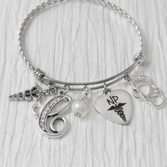 Nurse Practitioner Gifts, Medical Bracelet, Personalized Initial charm Bangle Bracelet, Graduation Gift