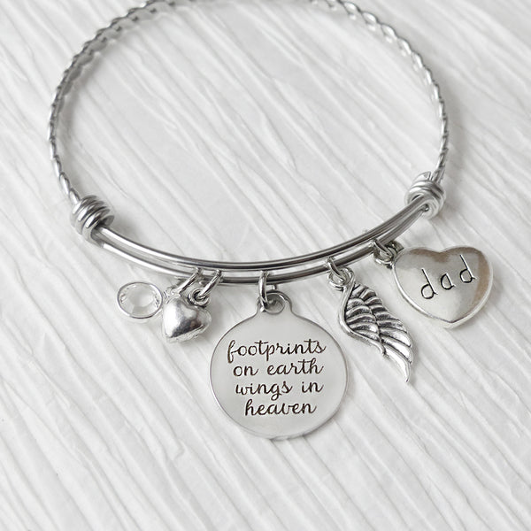 Dad Memorial Bracelet, Footprints on earth wings in heaven, BANGLE Bracelet, Birthstone Jewelry