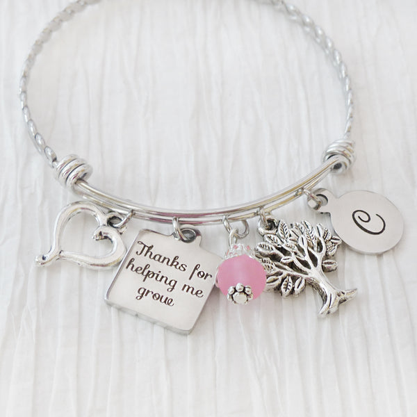 Teacher Jewelry, Bangle Bracelet- Gifts for Teachers- Teacher Appreciation Gift-Thank you for helping me grow, Tree charm, Charm Bracelet