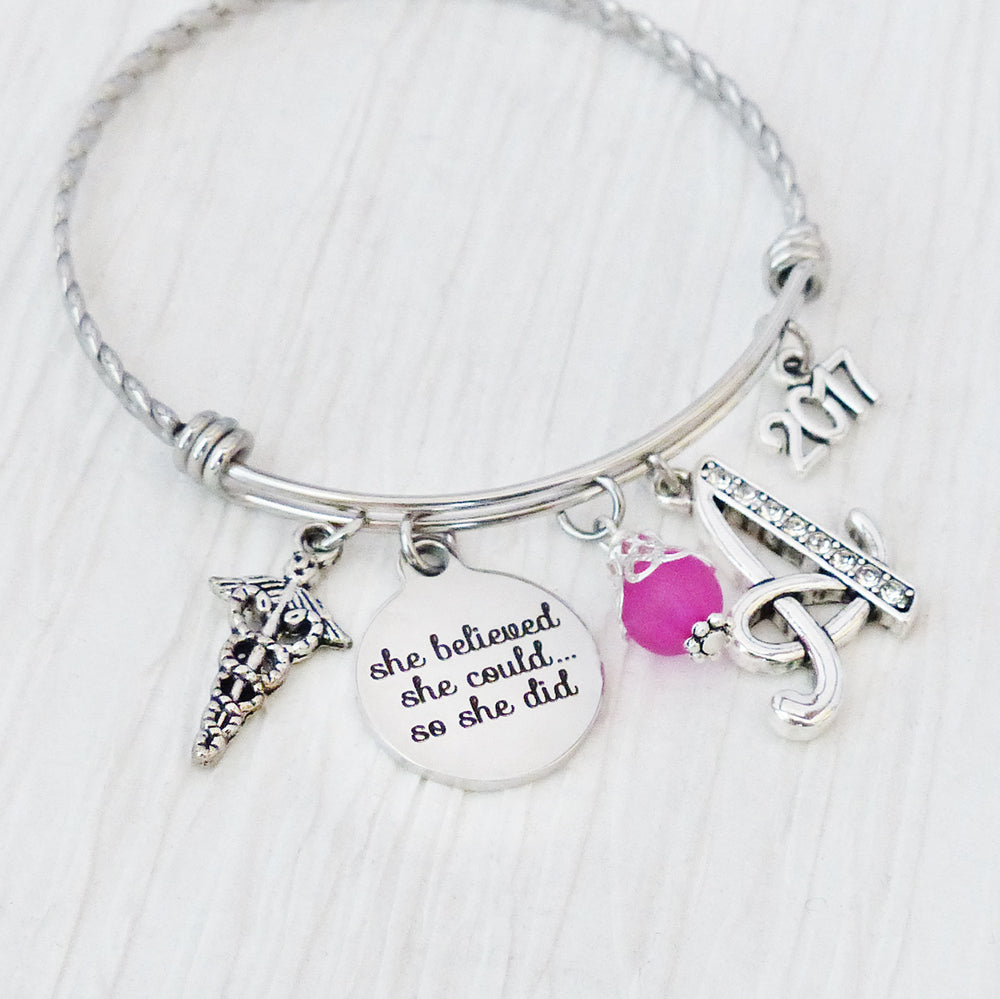 Graduation Gift, She Believed she could so she did, Nursing Graduation, Letter Charm Bangle Bracelet-Jewelry, Graduate