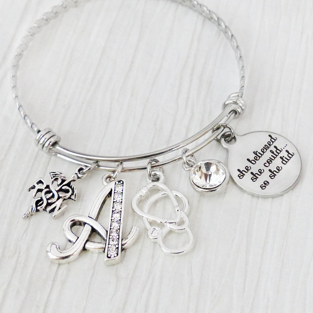 RN Graduation Gift, RN Graduate, She Believed she could so she did, Rn jewelry gifts, Bangle Bracelet-Jewelry,College Grad Gift,Nurse Gift