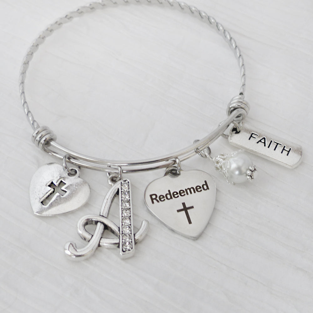 Redeemed Bangle Bracelet, Christian Jewelry- Faith Jewelry- Cross-Expandable Personalized Bangle, Religious Gift