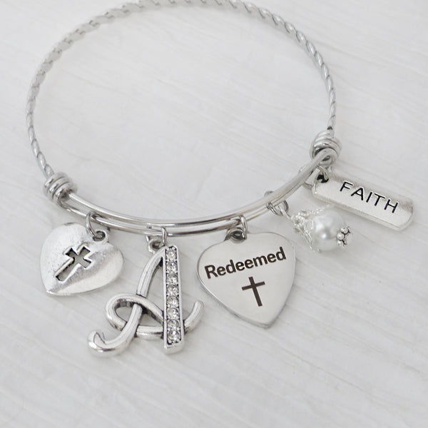 Redeemed Bangle Bracelet, Christian Jewelry- Faith Jewelry- Cross-Expandable Personalized Bangle, Religious Gift